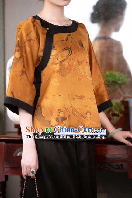 Chinese Yellow Silk Blouse Traditional National Shirt Clothing Tang Suit Upper Outer Garment for Women