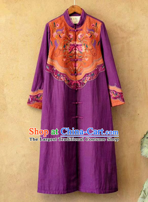 China National Embroidered Purple Flax Dust Coat Traditional Winter Costume Tang Suit Women Overcoat