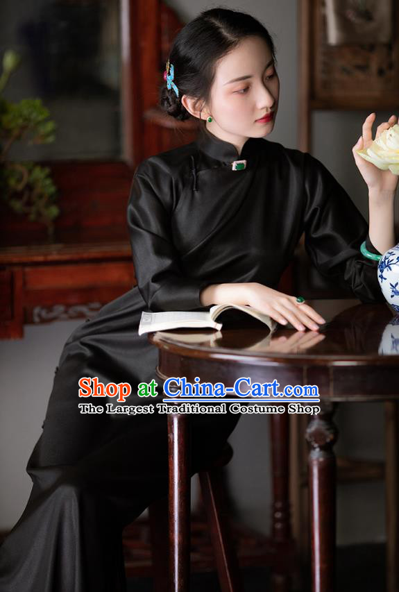 Chinese Traditional Classical Black Silk Qipao Dress National Women Costume Long Sleeve Cheongsam