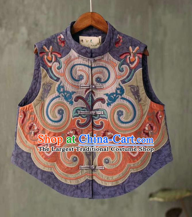 China National Women Vest Embroidered Waistcoat Traditional Tang Suit Upper Outer Garment Lilac Flax Clothing