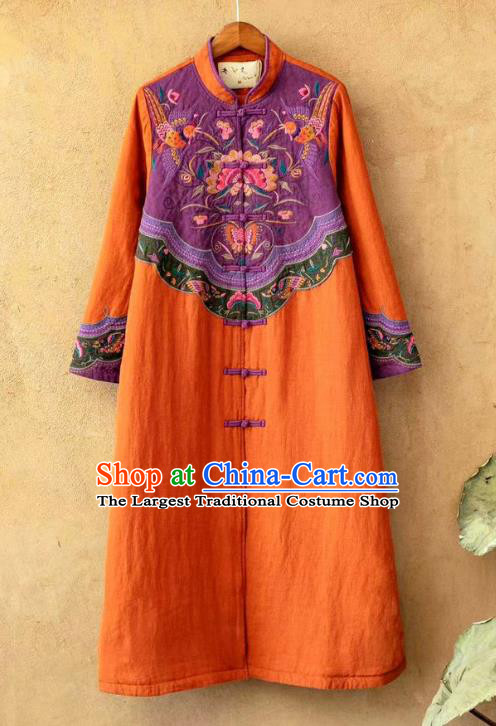 China Tang Suit Women Overcoat National Embroidered Orange Flax Dust Coat Traditional Winter Costume