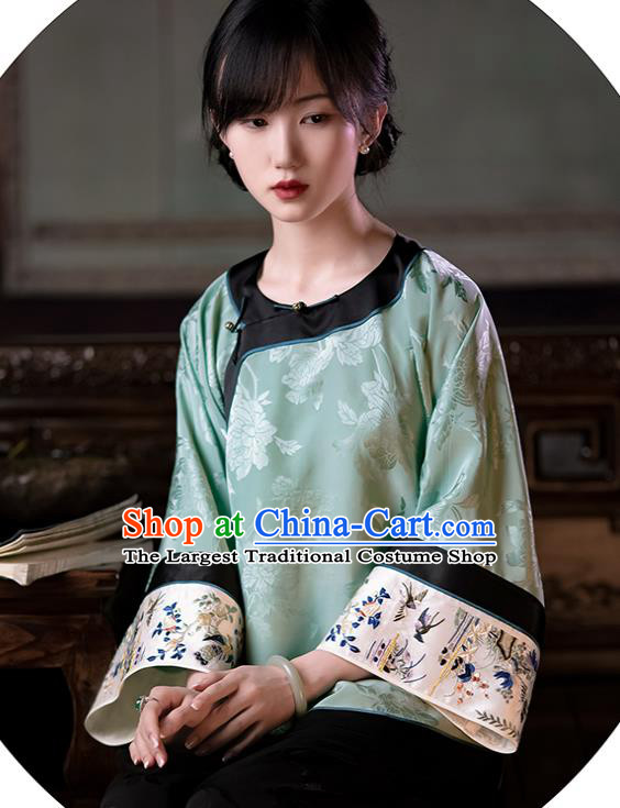 Chinese Tang Suit Upper Outer Garment Classical Silk Blouse Traditional Embroidered Light Green Shirt for Women