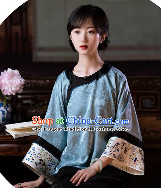 Chinese Embroidered Shirt Tang Suit Upper Outer Garment Traditional Classical Blue Silk Blouse for Women