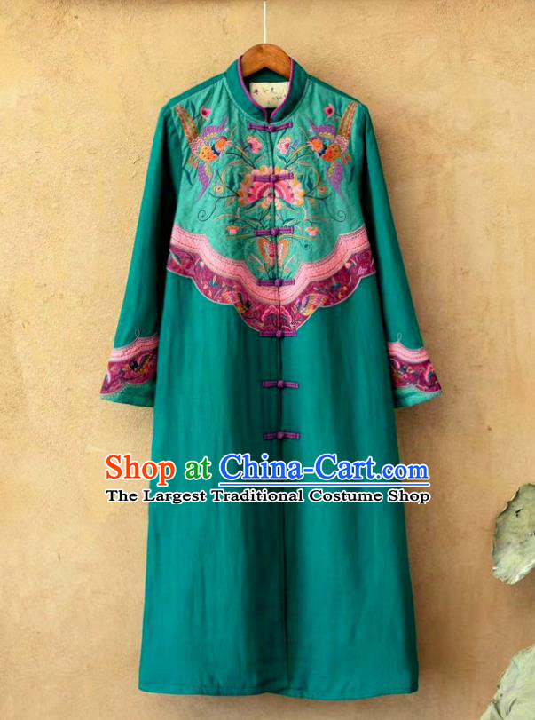 China Traditional Winter Costume Tang Suit Women Overcoat National Embroidered Green Flax Dust Coat