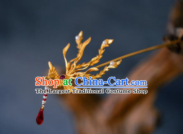 China Ming Dynasty Hair Accessories Handmade Ancient Golden Phoenix Tassel Hairpin