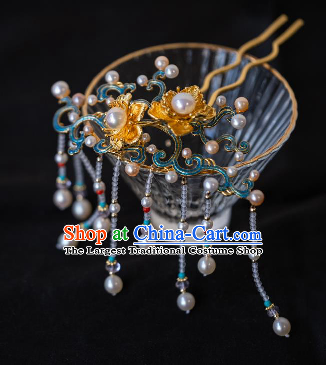 Handmade China Ancient Princess Beads Tassel Hairpin Ming Dynasty Court Lady Enamel Hair Accessories