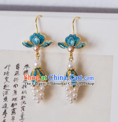 China Imperial Palace Enamel Ear Jewelry Traditional Qing Dynasty Court Women Pearls Grape Earrings