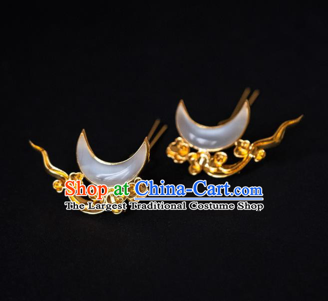 China Ming Dynasty Opal Moon Hair Accessories Ancient Palace Empress Gilding Hairpins Hair Claws