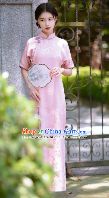 Republic of China Pink Silk Qipao Dress Traditional Classical Costume National Cheongsam