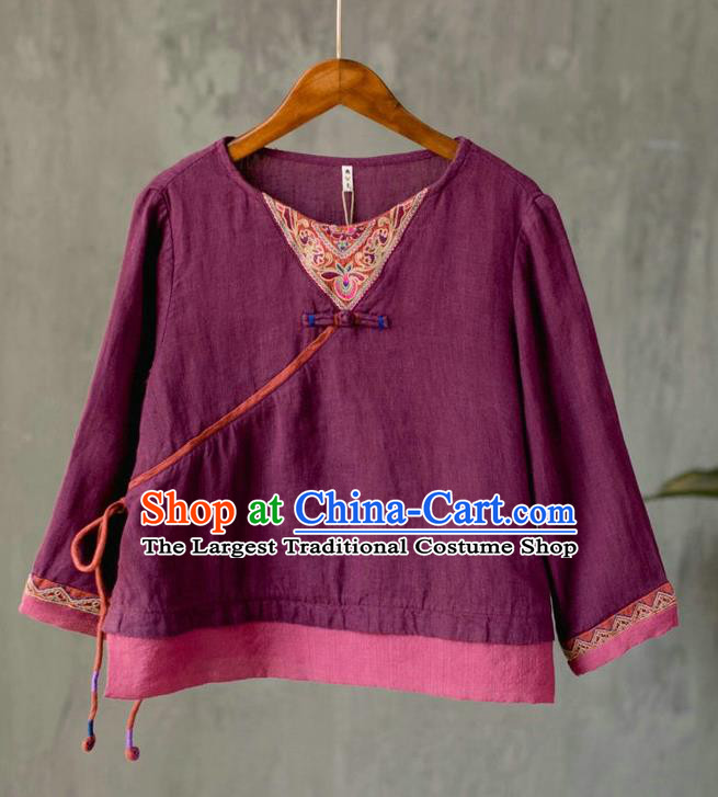 China Traditional Cheongsam Upper Outer Garment Tang Suit Costume National Women Embroidered Purple Flax Blouse