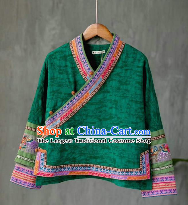 China Traditional Women Upper Outer Garment National Embroidered Shirt Tang Suit Green Flax Blouse Costume