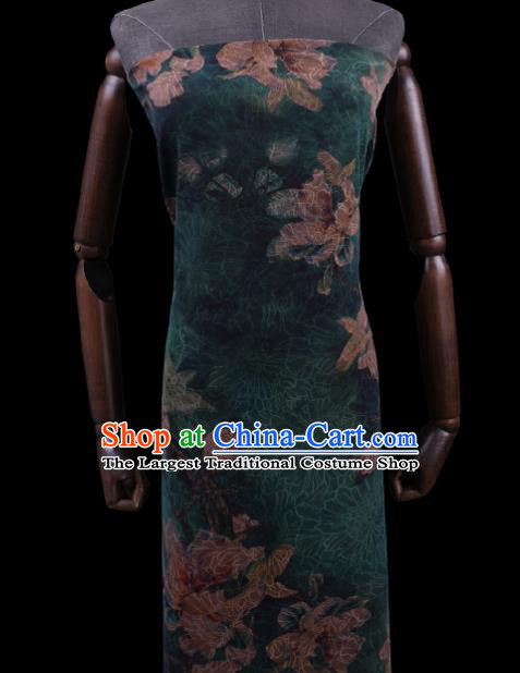 Chinese Classical Yulan Magnolia Pattern Silk Drapery Asian Traditional Cheongsam Deep Green Cloth Fabric