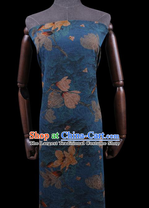 Chinese Classical Yulan Magnolia Pattern Blue Silk Drapery Cloth Asian Watered Gauze Traditional Cheongsam Fabric