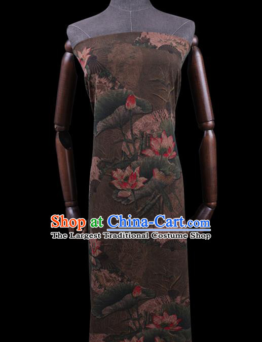 Chinese Classical Lotus Pattern Brown Silk Drapery Asian Watered Gauze Fabric Traditional Cheongsam Cloth