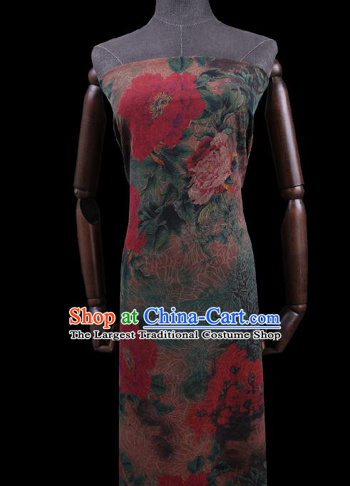 Traditional Chinese Classical Peony Pattern Green Gambiered Guangdong Silk Fabric Asian Cheongsam Cloth Watered Gauze Drapery