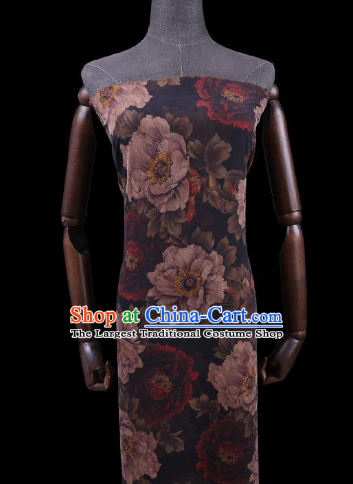 Chinese Classical Peony Pattern Black Gambiered Guangdong Silk Fabric Traditional Asian Cheongsam Cloth Drapery Watered Gauze