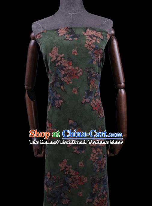 Chinese Classical Mangnolia Pattern Green Gambiered Guangdong Silk Fabric Watered Gauze Traditional Asian Cheongsam Cloth Drapery