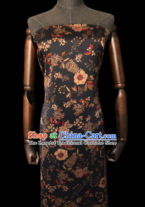 Chinese Classical Camellia Pattern Gambiered Guangdong Silk Black Watered Gauze Traditional Cheongsam Fabric