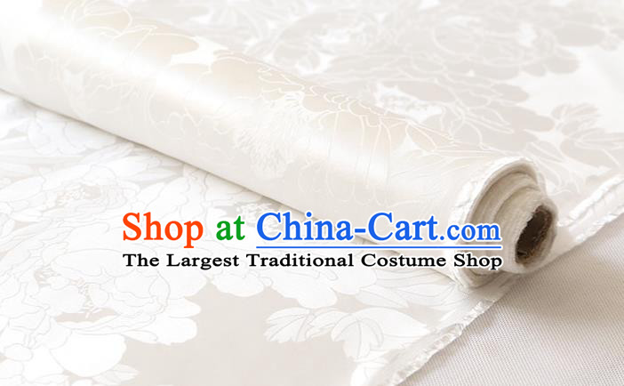 Traditional White Silk Drapery Chinese Cheongsam Classical Royal Peony Pattern Cloth Satin Fabric