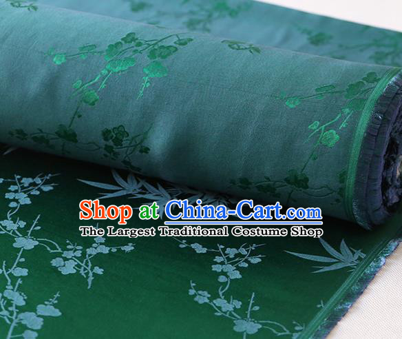 Chinese Traditional Classical Plum Orchid Bamboo Pattern Satin Fabric Cheongsam Cloth Deep Green Silk Drapery