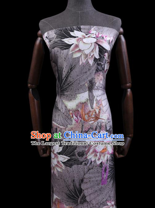 Chinese Traditional Classical Lotus Pattern Satin Fabric Cheongsam Cloth Grey Silk Drapery