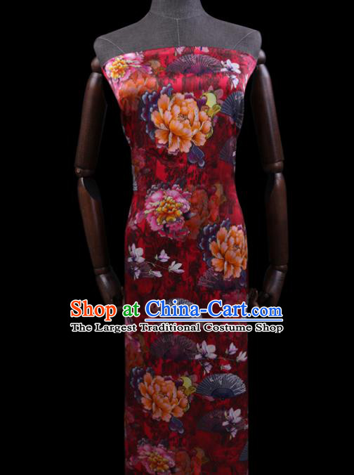 Chinese Classical Peony Pattern Satin Fabric Traditional Cheongsam Cloth Red Silk Drapery