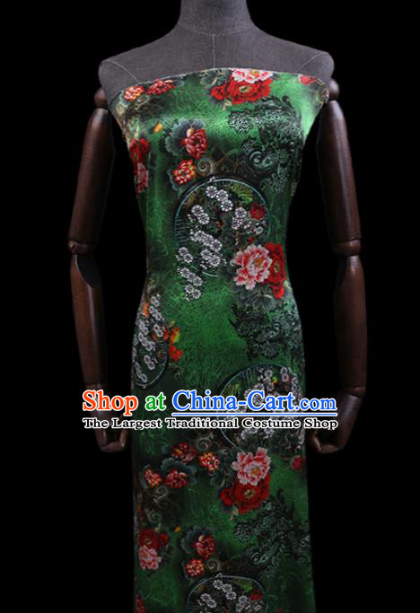 Chinese Green Silk Drapery Traditional Cheongsam Cloth Classical Peony Pattern Satin Fabric