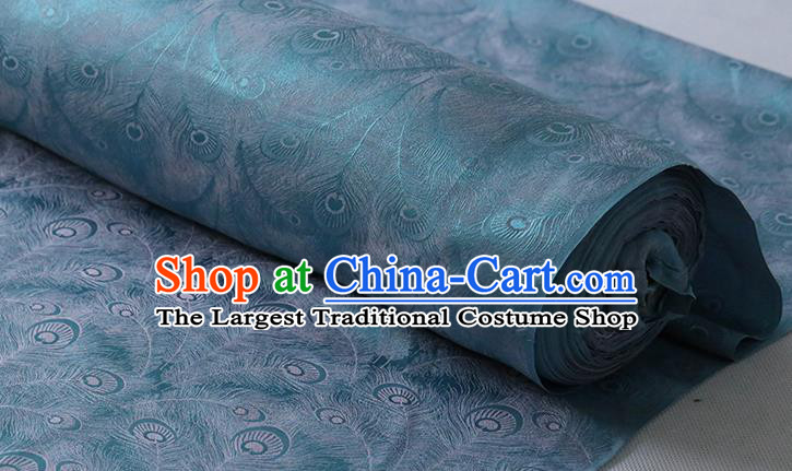 Chinese Silk Fabric Classical Phoenix Feather Pattern Cheongsam Jacquard Cloth Traditional Blue Silk Drapery