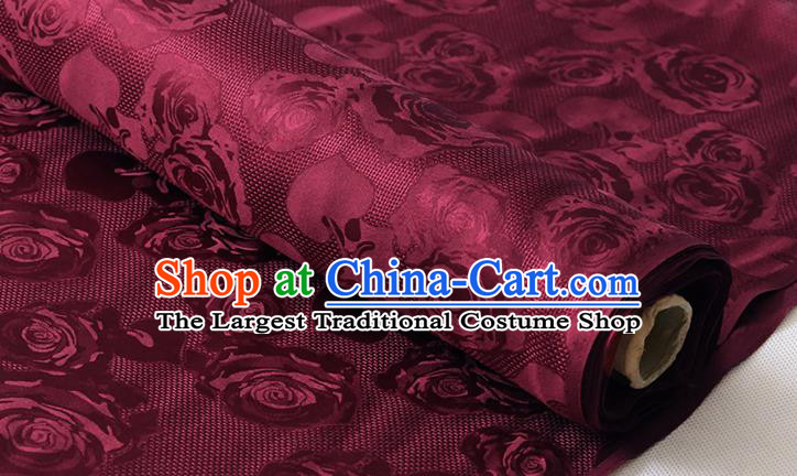 Chinese Traditional Jacquard Cloth Fabric Dark Red Damask Cheongsam Classical Hollowed Rose Pattern Silk Drapery