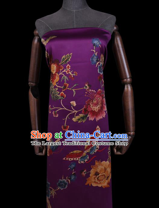 Chinese Cheongsam Satin Fabric Traditional Gambiered Guangdong Silk Classical Peony Butterfly Pattern Purple Watered Gauze