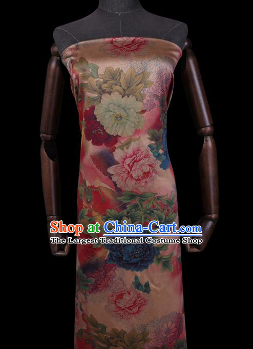 Chinese Cheongsam Pink Satin Fabric Traditional Gambiered Guangdong Silk Classical Peony Pattern Watered Gauze