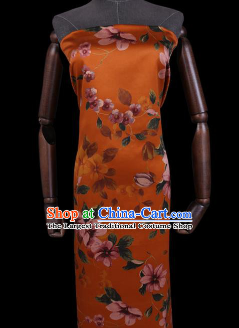 Chinese Traditional Gambiered Guangdong Silk Classical Flowers Pattern Watered Gauze Cheongsam Orange Satin Fabric