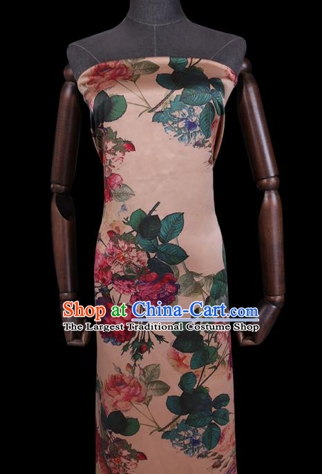 Chinese Traditional Classical Roses Pattern Gambiered Guangdong Silk Cheongsam Satin Fabric Beige Watered Gauze