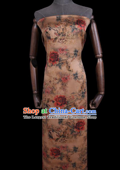 Chinese Classical Peony Flowers Pattern Gambiered Guangdong Silk Traditional Cheongsam Satin Fabric Beige Watered Gauze