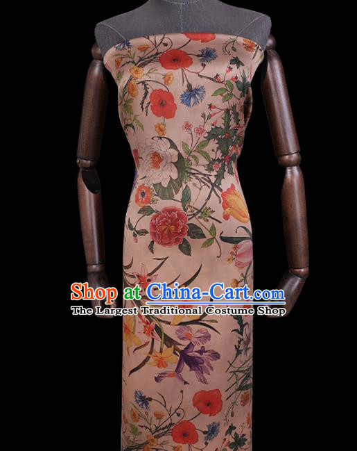 Chinese Classical Camellia Pattern Satin Fabric Traditional Cheongsam Gambiered Guangdong Silk Watered Gauze