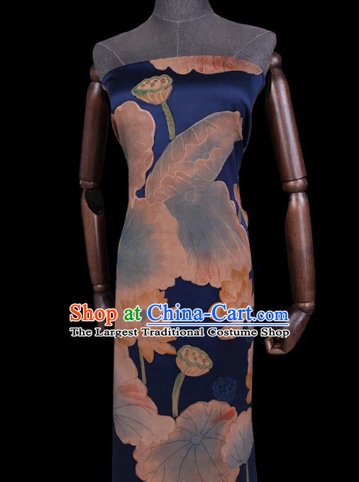 Chinese Classical Lotus Pattern Deep Blue Satin Fabric Traditional Cheongsam Watered Gauze Gambiered Guangdong Silk