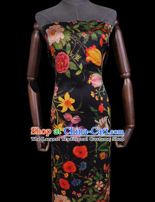 Chinese Classical Camellia Pattern Black Gambiered Guangdong Silk Traditional Cheongsam Watered Gauze Satin Fabric