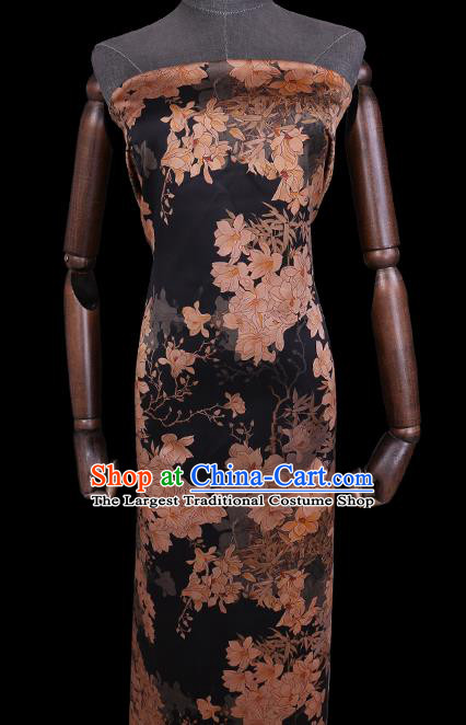 Chinese Classical Magnolia Pattern Gambiered Guangdong Silk Traditional Cheongsam Watered Gauze Black Satin Fabric