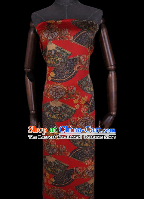 Chinese Classical Fans Pattern Red Gambiered Guangdong Silk Fabric Cheongsam Cloth Traditional Watered Gauze