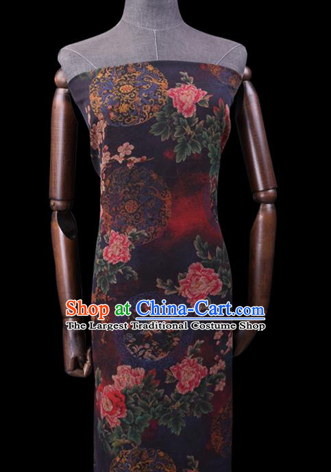 Chinese Cheongsam Silk Fabric Traditional Watered Gauze Classical Peony Pattern Navy Gambiered Guangdong Silk