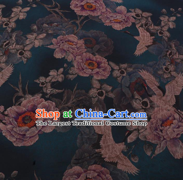 Chinese Classical Crane Peony Pattern Dark Green Gambiered Guangdong Silk Traditional Watered Gauze Cheongsam Silk Fabric