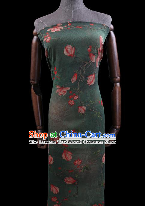 Chinese Classical Mangnolia Pattern Green Gambiered Guangdong Gauze Traditional Cheongsam Silk Fabric