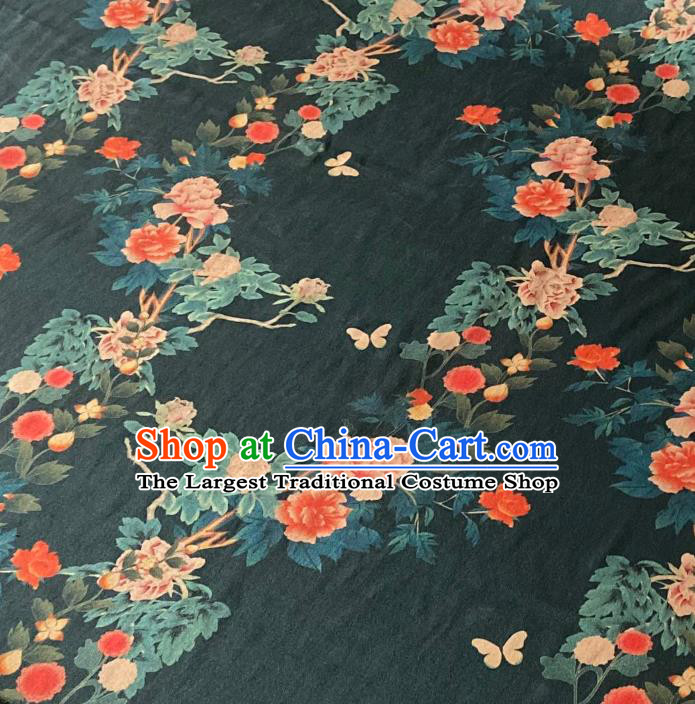 Chinese Traditional Atrovirens Watered Gauze Fabric Cheongsam Classical Rose Pattern Deep Green Gambiered Guangdong Silk