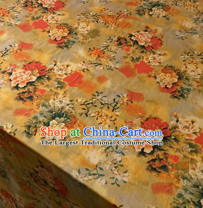 Chinese Cheongsam Classical Peony Pattern Gambiered Guangdong Silk Traditional Watered Gauze Yellow Satin Fabric