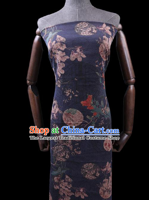 Chinese Traditional Gambiered Guangdong Gauze Cloth Fabric Classical Mangnolia Pattern Navy Silk Drapery Cheongsam Damask