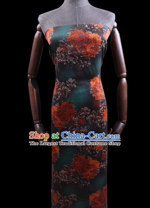 Chinese Classical Peony Pattern Deep Green Silk Drapery Traditional Gambiered Guangdong Gauze Cheongsam Cloth Fabric