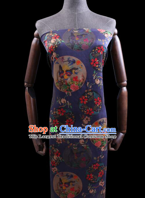 Chinese Traditional Satin Cloth Gambiered Guangdong Gauze Cheongsam Fabric Classical Flowers Bird Pattern Navy Blue Silk Drapery