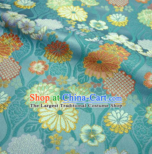 Japanese Traditional Chrysanthemum Pattern Design Brocade Asian Kimono Fabric Nishijin Blue Tapestry Satin