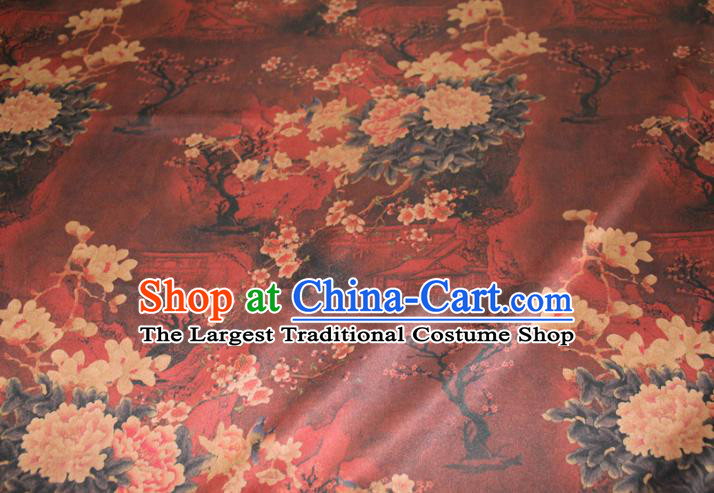 Chinese Classical Plum Peony Pattern Silk Drapery Traditional Gambiered Guangdong Gauze Cheongsam Red Satin Fabric