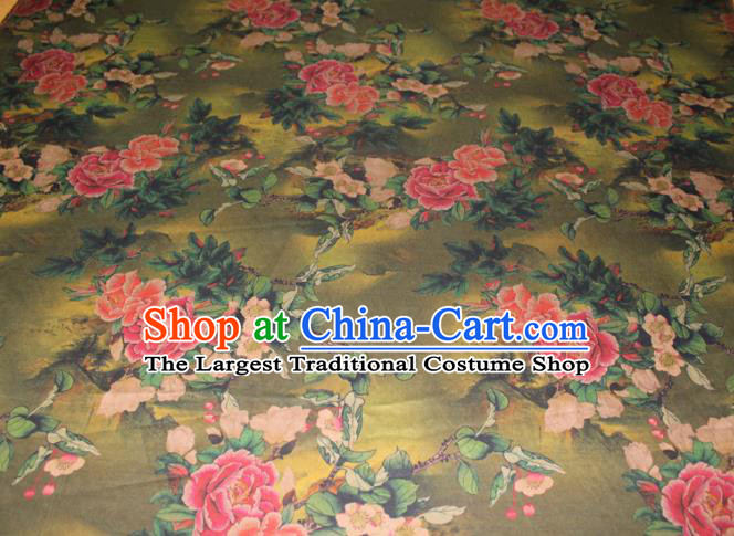 Chinese Classical Peach Blossom Peony Pattern Silk Drapery Traditional Gambiered Guangdong Gauze Cheongsam Green Satin Fabric